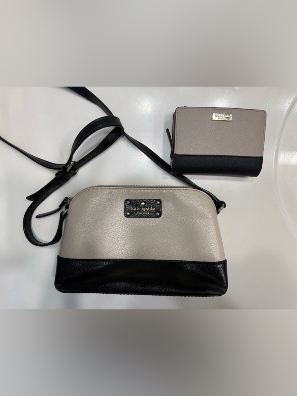 Kate Spade Leather Crossbody Bag + Matching Wallet - black beige colorblock